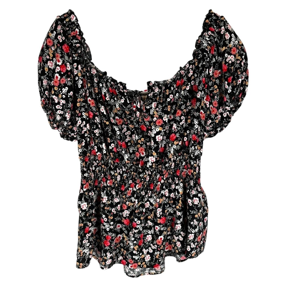No Boundaries XXL Floral Smocked Peplum Top Puff Sleeve Boho